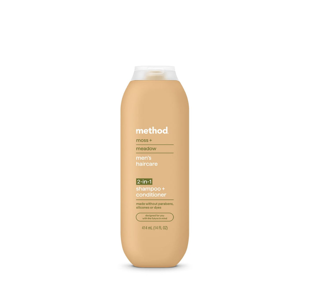 Method Men front packaging showing 2-in-1 bottle and moss meadow scent benefits