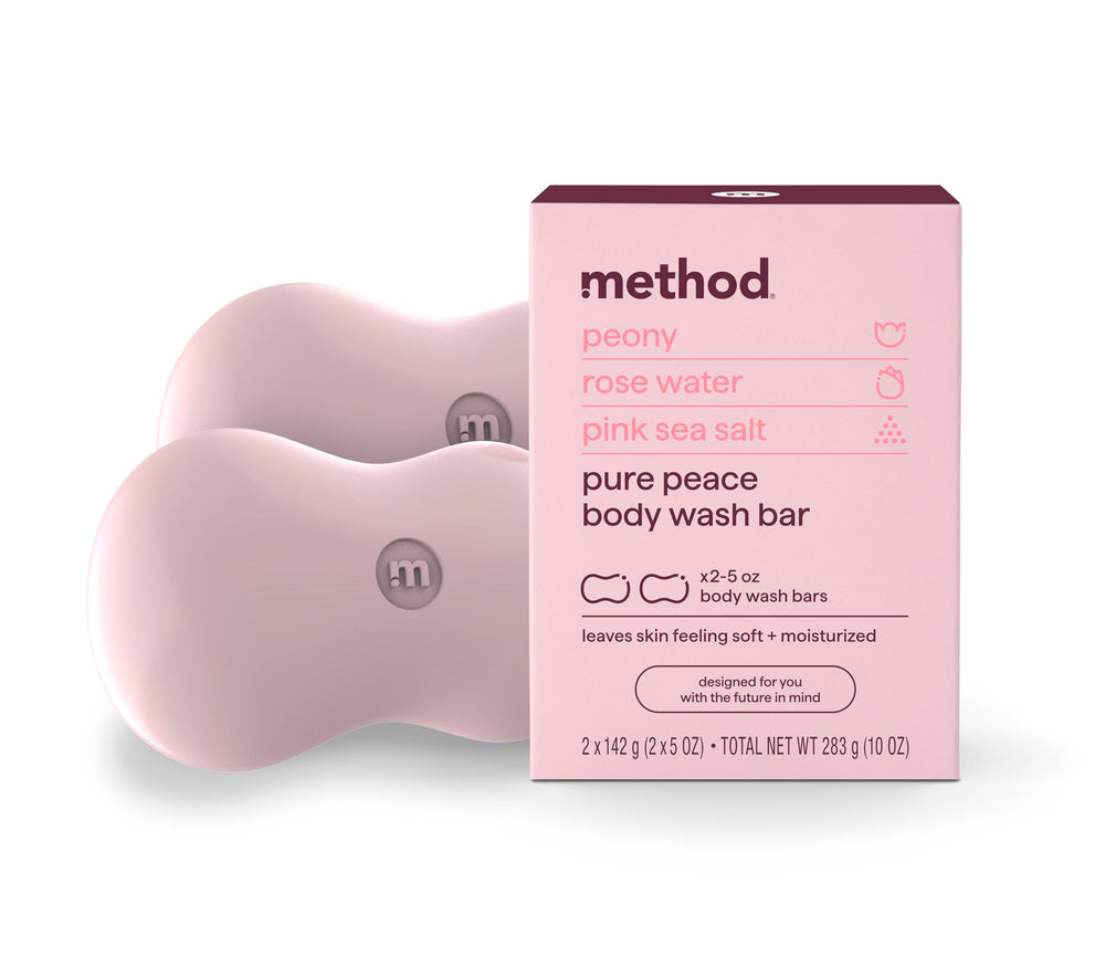 Method bar soap front packaging showing two bars and scent benefits