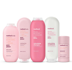 Method bottle staged in bathroom lifestyle setting for calming ritual benefit