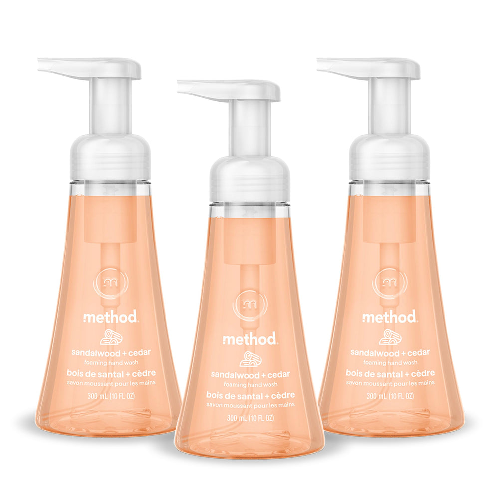 Method front packaging of three 10 fl oz bottles showing scent and recycled plastic benefit
