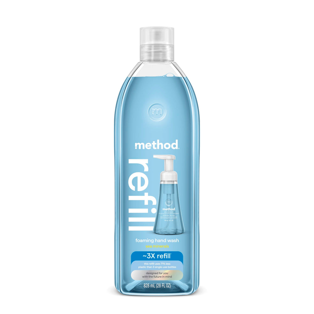 Method refill front packaging showing recyclable 28 oz bottle and branding benefit