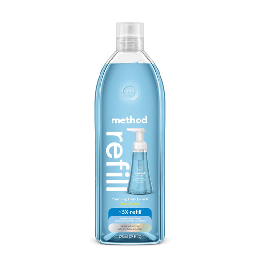 Method refill front packaging showing recyclable 28 oz bottle and branding benefit