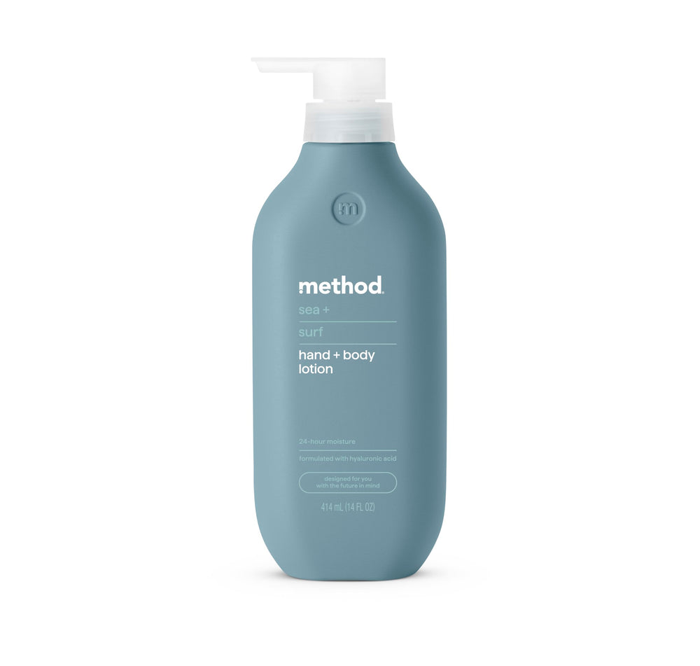 Method bottle front view showing Sea + Surf scent and hydration benefits