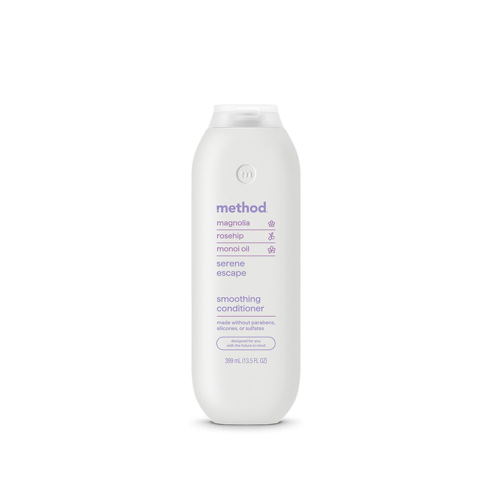 Method smoothing conditioner front packaging showing size and scent benefits