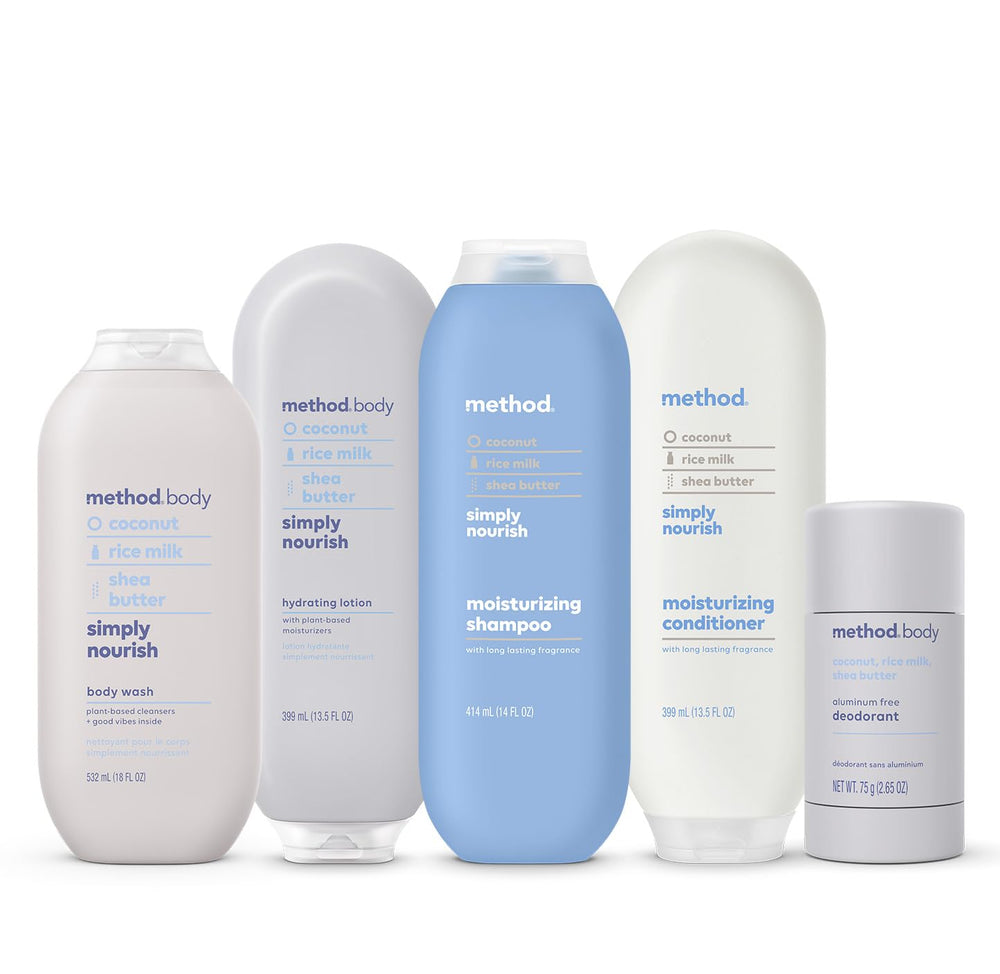 Method Simply Nourish bottle on bathroom shelf staged with towel to show calming scent and daily care benefit