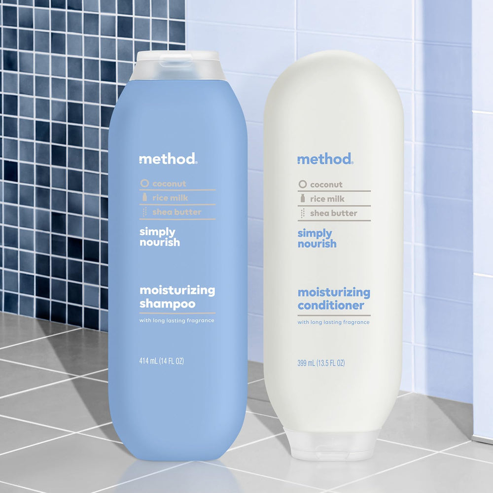 Method bottles placed on bathroom shelf evoking daily ritual benefit