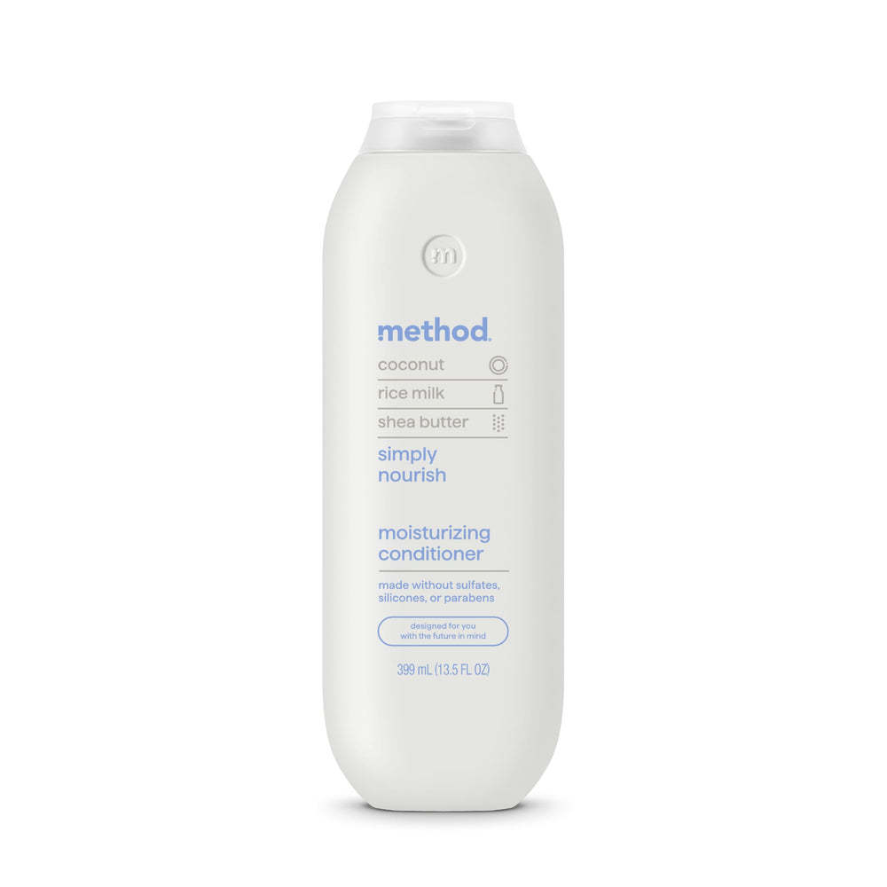 Method front packaging of Simply Nourish conditioner showing bottle and label, highlights hydration benefit