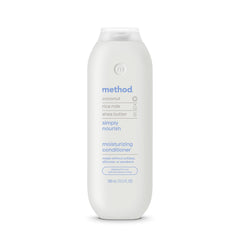 Method front packaging of Simply Nourish conditioner showing bottle and label, highlights hydration benefit