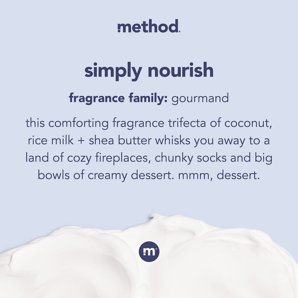 close-up of Method Simply Nourish lotion texture highlighting creamy, non-greasy finish for fast absorption
