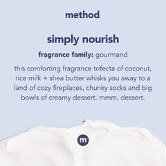 close-up of Method Simply Nourish lotion texture highlighting creamy, non-greasy finish for fast absorption