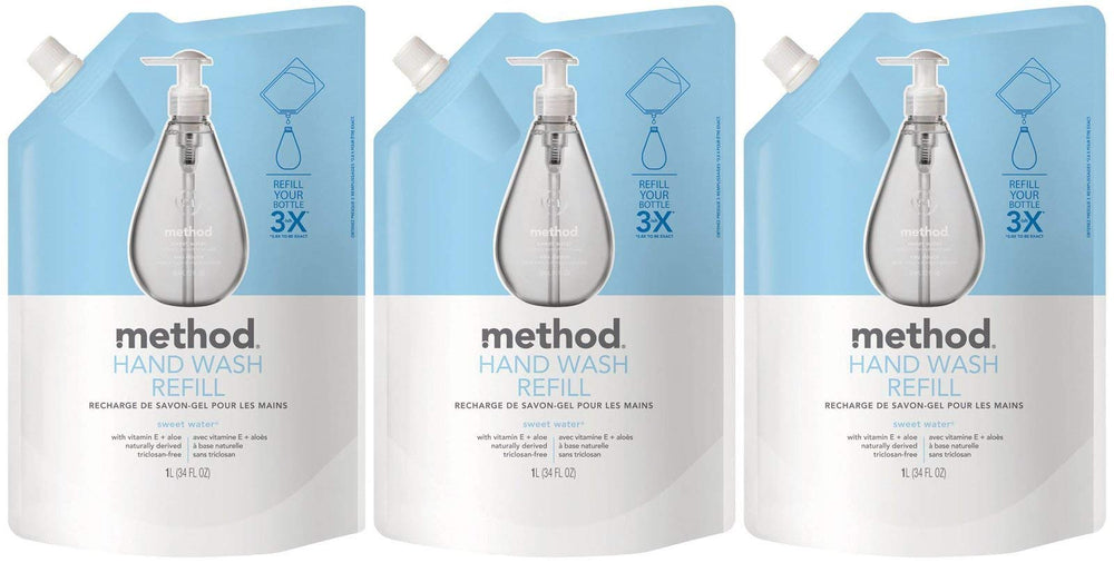Method Sweet Water refill front packaging showing bottle and size benefit