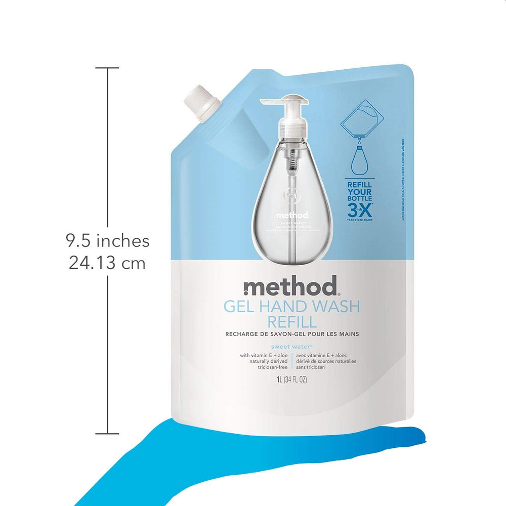 Method Sweet Water refill texture foam on hands demonstrating gentle lather