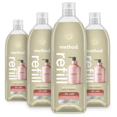 Method bottle front packaging showing recyclable four-pack and scent benefits