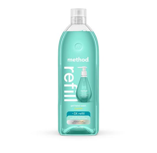 Method Waterfall 34 oz front packaging showing recycled plastic tub and branding benefits