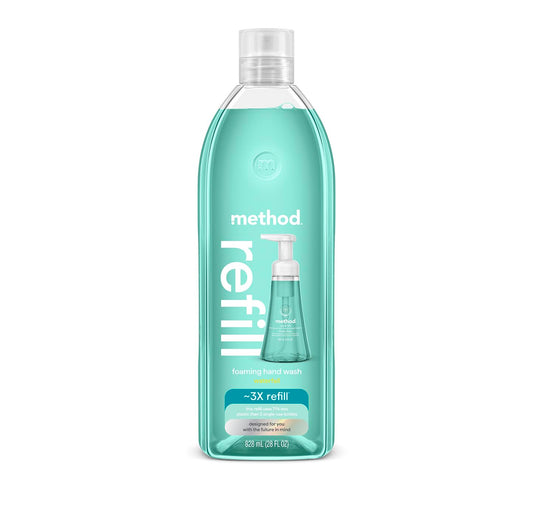 Method Waterfall refill front view showing 28 oz tub and eco packaging benefits