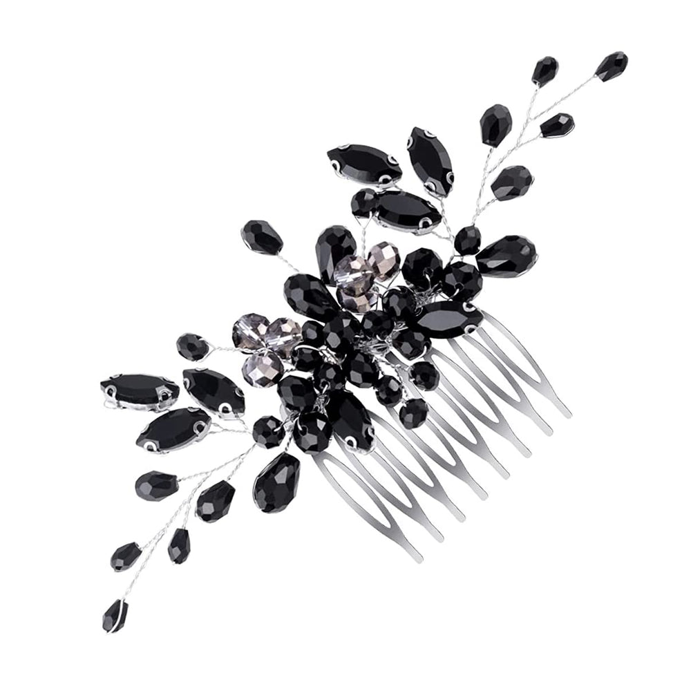 Metuynm front view of black teardrop comb showing elegant silhouette and sparkle for bridal styling