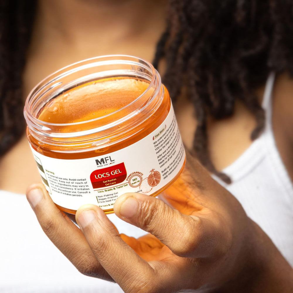 MFL MADE FOR LOCS castor and argan oils next to jar highlighting nourishing benefits