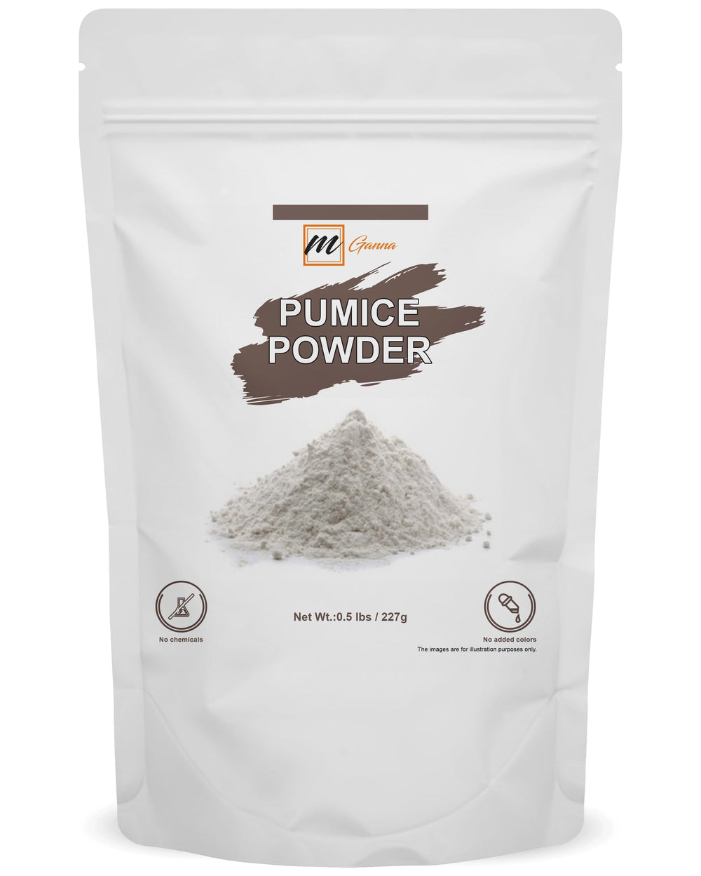 mGanna pumice powder pouch front view shows natural product and label benefit