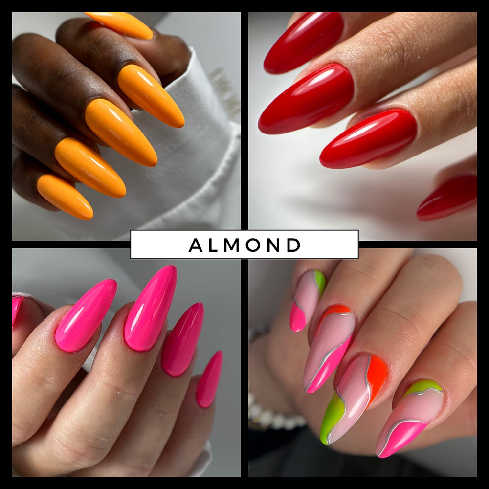 MGART finished almond extensions on hands showcasing salon-quality results