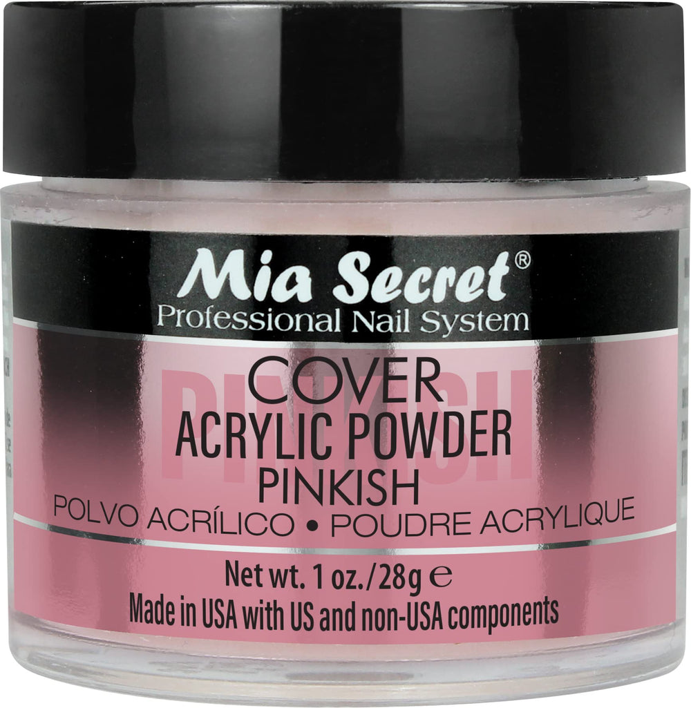 Mia Secret front jar showing cover pinkish powder and clear labeling for salon use