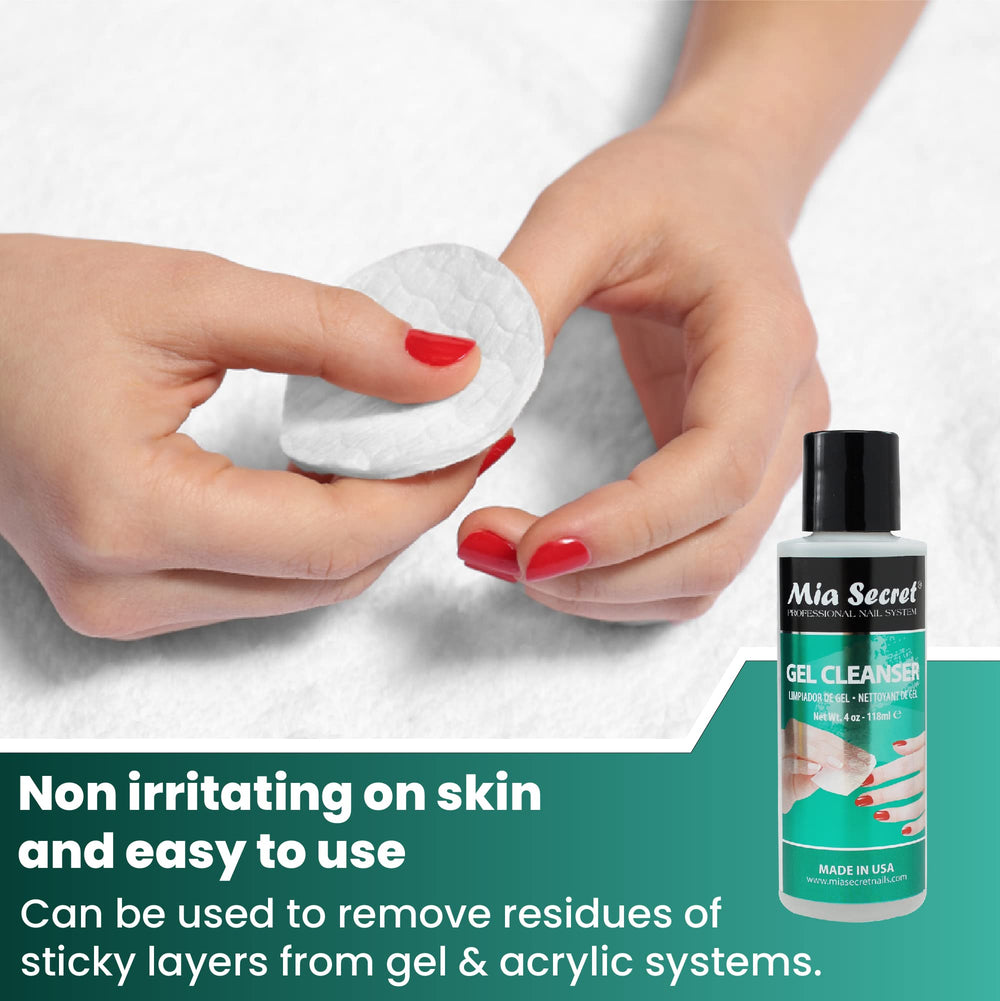 Mia Secret gel cleanser on lint-free wipe removing tacky residue benefit