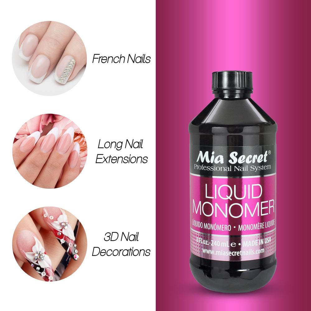 Mia Secret monomer pouring to form acrylic bead for precise sculpting and smooth finish