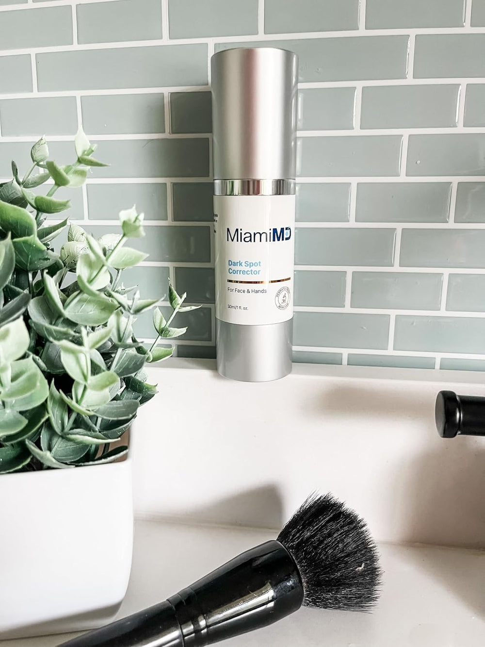 MiamiMD bottle on bathroom vanity suggesting daily routine and elegant presentation