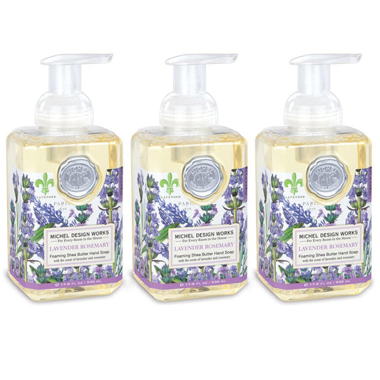 Michel Design Works front packaging showing three lavender rosemary dispensers and elegant medallions for decorative appeal