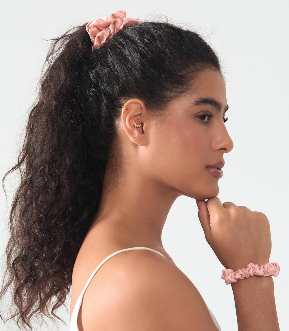 Michooyel scrunchie in lifestyle scene on a dressing table adding subtle glamour benefit versatile