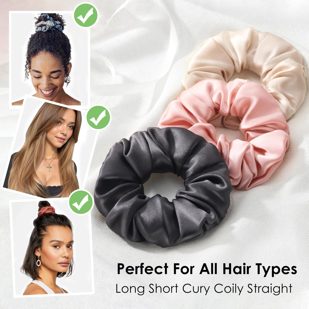 Michooyel scrunchies next to ruler for scale showing 1.5 inch width benefit fits all hair