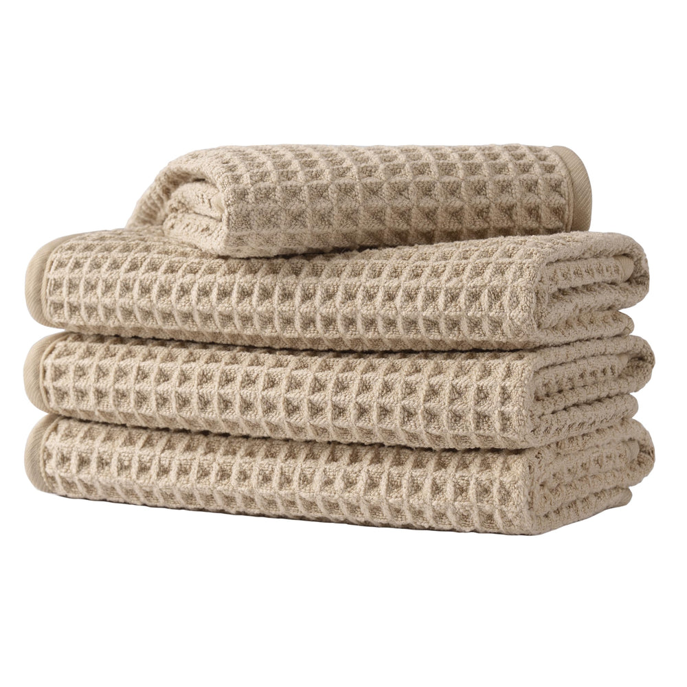 MICROFI beige face towels front view showing neat stack and compact size benefit