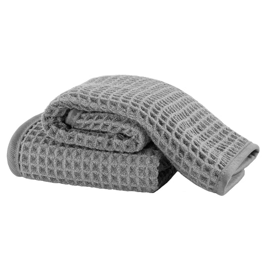 MICROFI front view packaging showing two gray towels and brand benefit quick drying