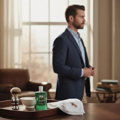 Jockey Club placed on bathroom shelf in routine setting for easy styling benefit