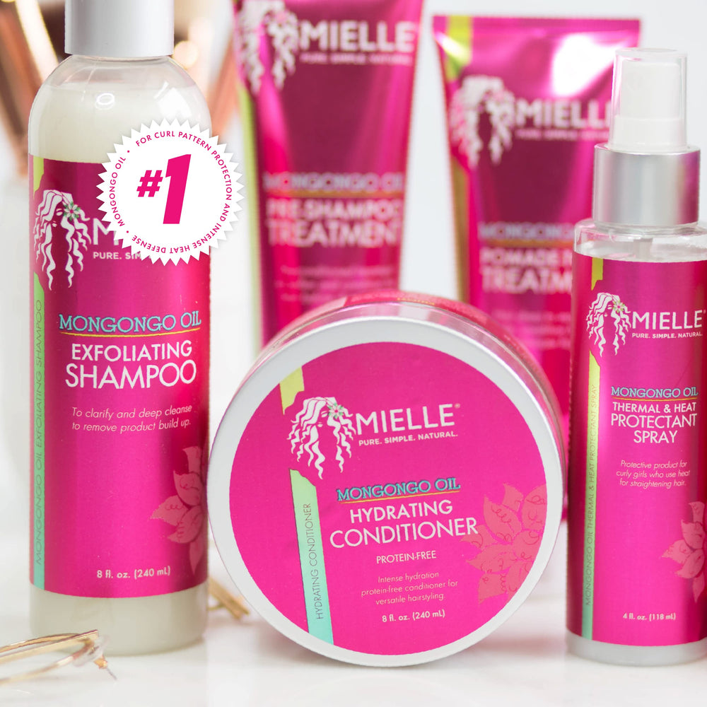 Mielle Organics conditioner on bathroom shelf staged in a self-care scene emphasizing hydration