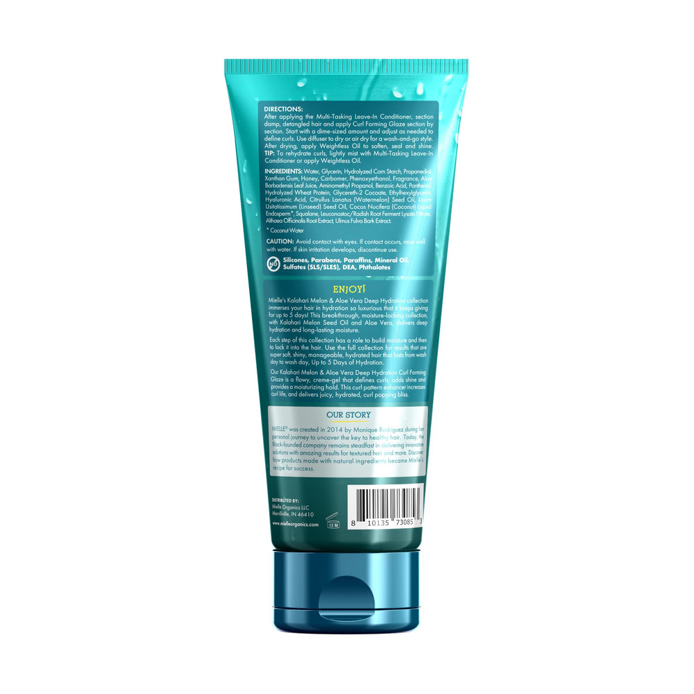 mielle organics ingredients label close-up highlighting Kalahari melon and aloe vera benefits