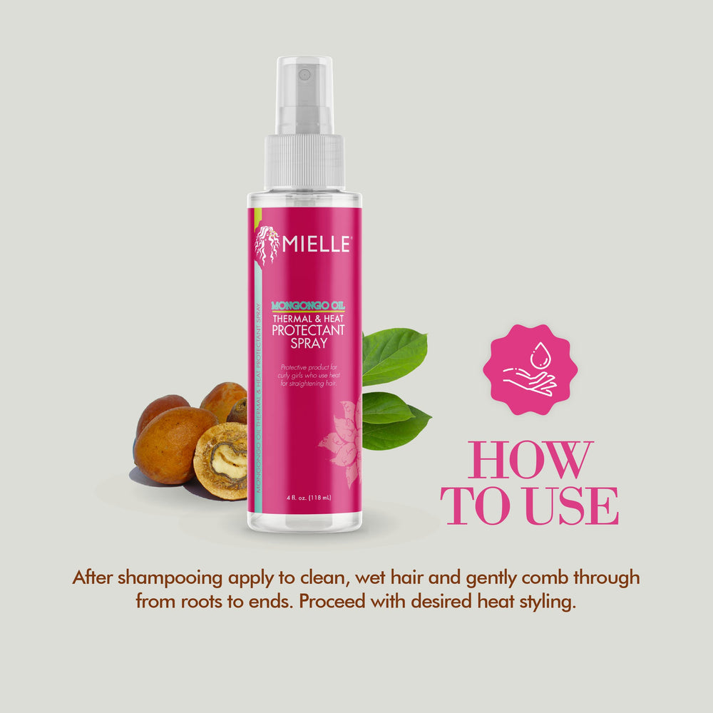 Mielle Organics 4 oz bottle beside hand showing compact travel-friendly benefit