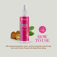 Mielle Organics 4 oz bottle beside hand showing compact travel-friendly benefit