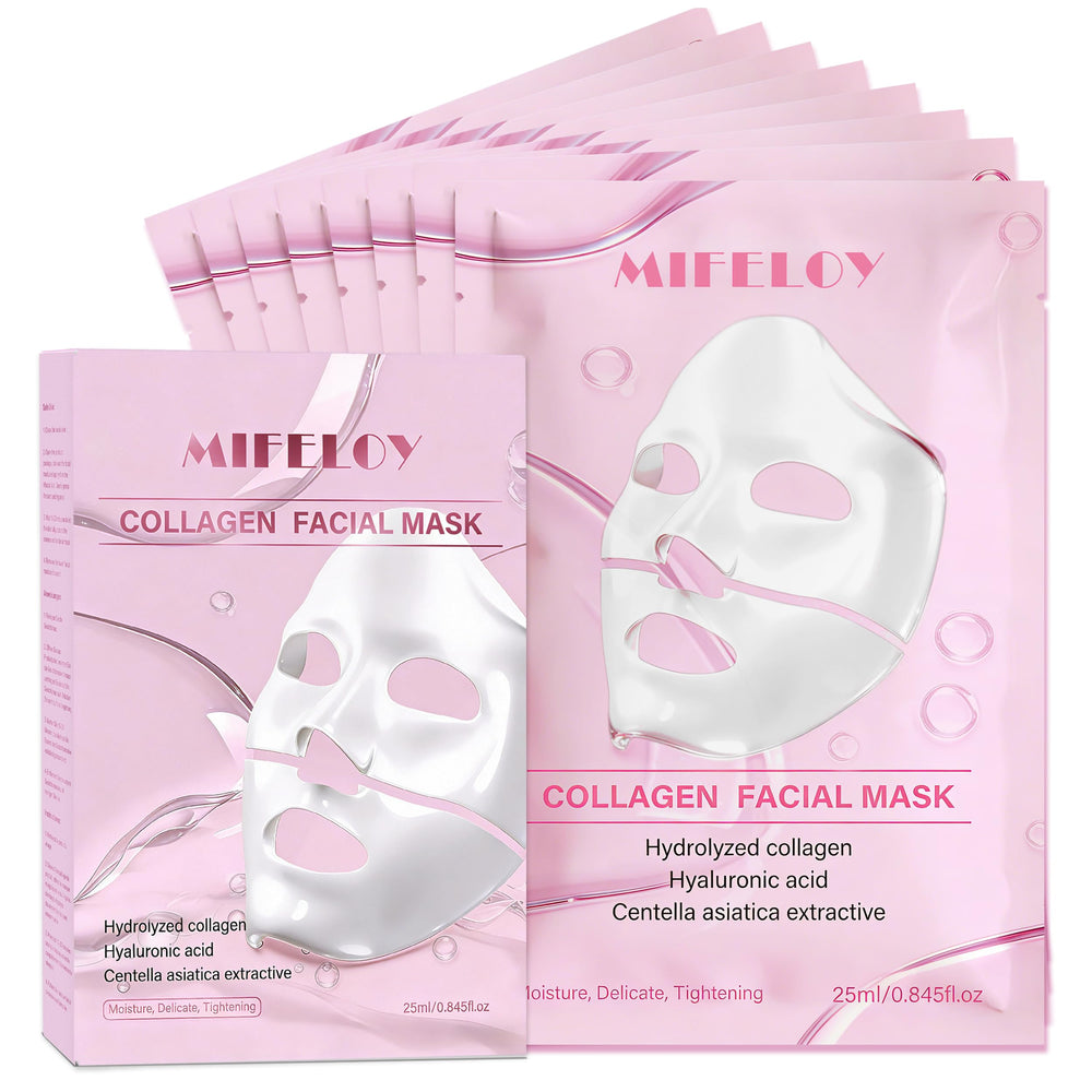 Mifeloy front packaging showing eight hydrogel mask sachets and clear benefits
