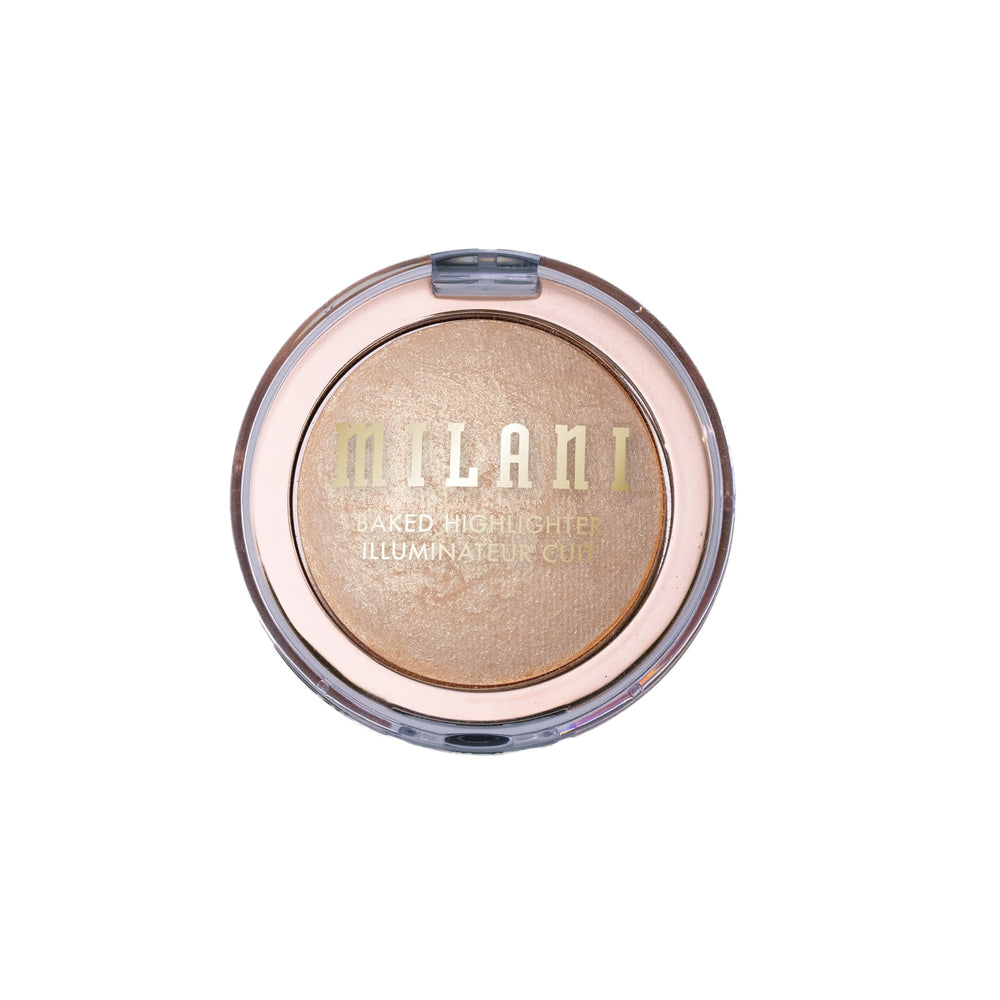 Milani baked highlighter packaging label closeup highlighting Italian-made and talc-free benefits
