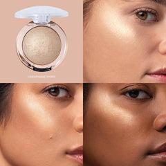 Milani baked highlighter texture close-up showing fine swirled surface for smooth application
