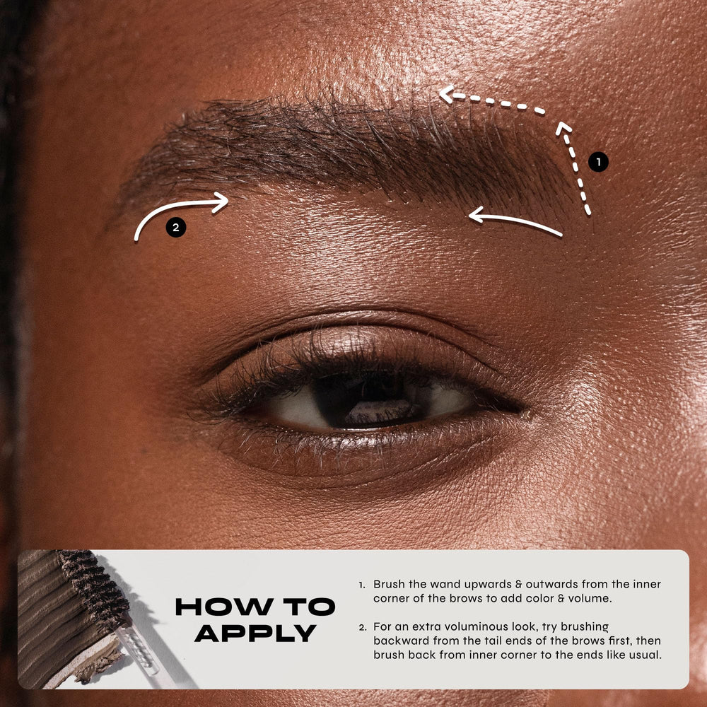 Milani Brow Mousse size scale with hand showing compact tube for travel-friendly convenience