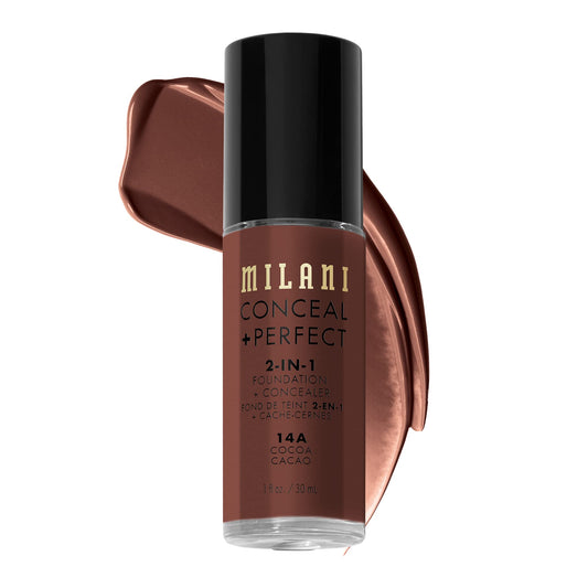 Milani bottle front view showing label and cocoa shade for easy identification