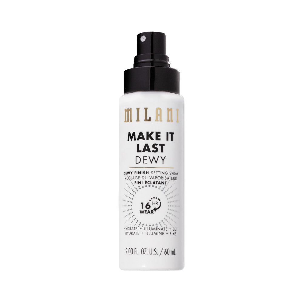 Milani dewy setting spray front packaging showing bottle and label boost radiance