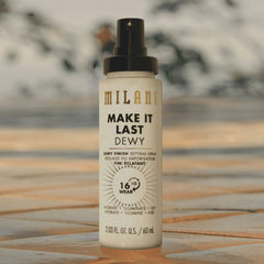 Milani dewy spray on model with dewy skin lifestyle image showing luminous finish