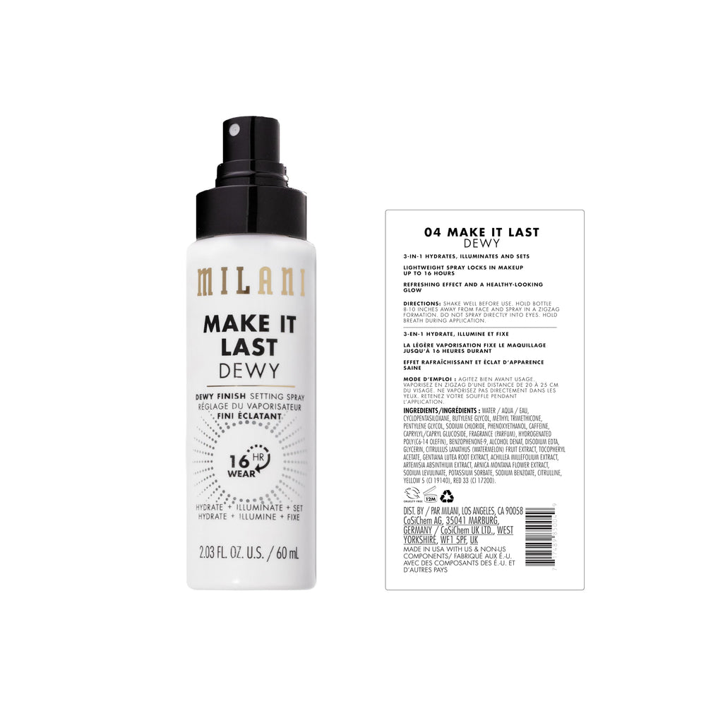 Milani dewy spray side profile with cap demonstrating compact travel-friendly design
