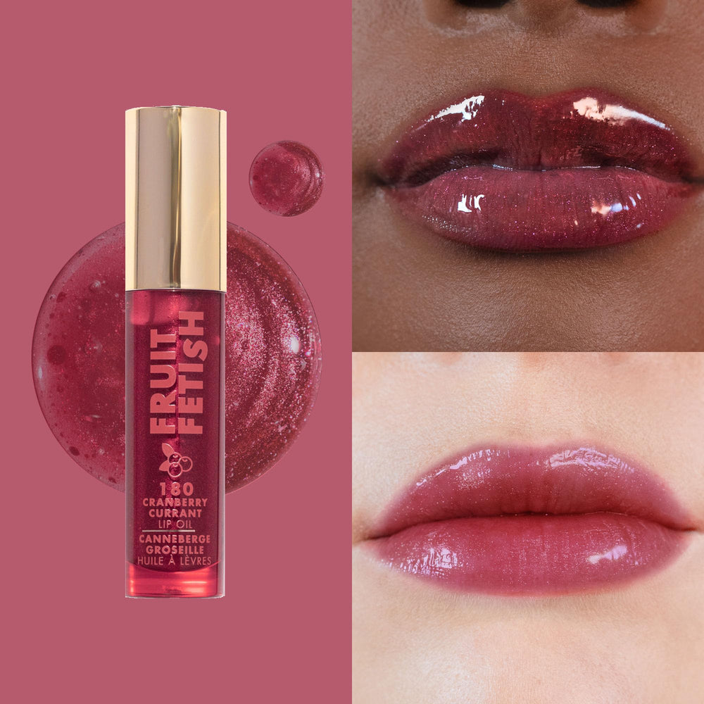 Milani Fruit Fetish lip oil texture on surface highlighting non-sticky, hydrating finish benefit