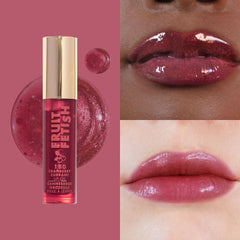 Milani Fruit Fetish lip oil texture on surface highlighting non-sticky, hydrating finish benefit