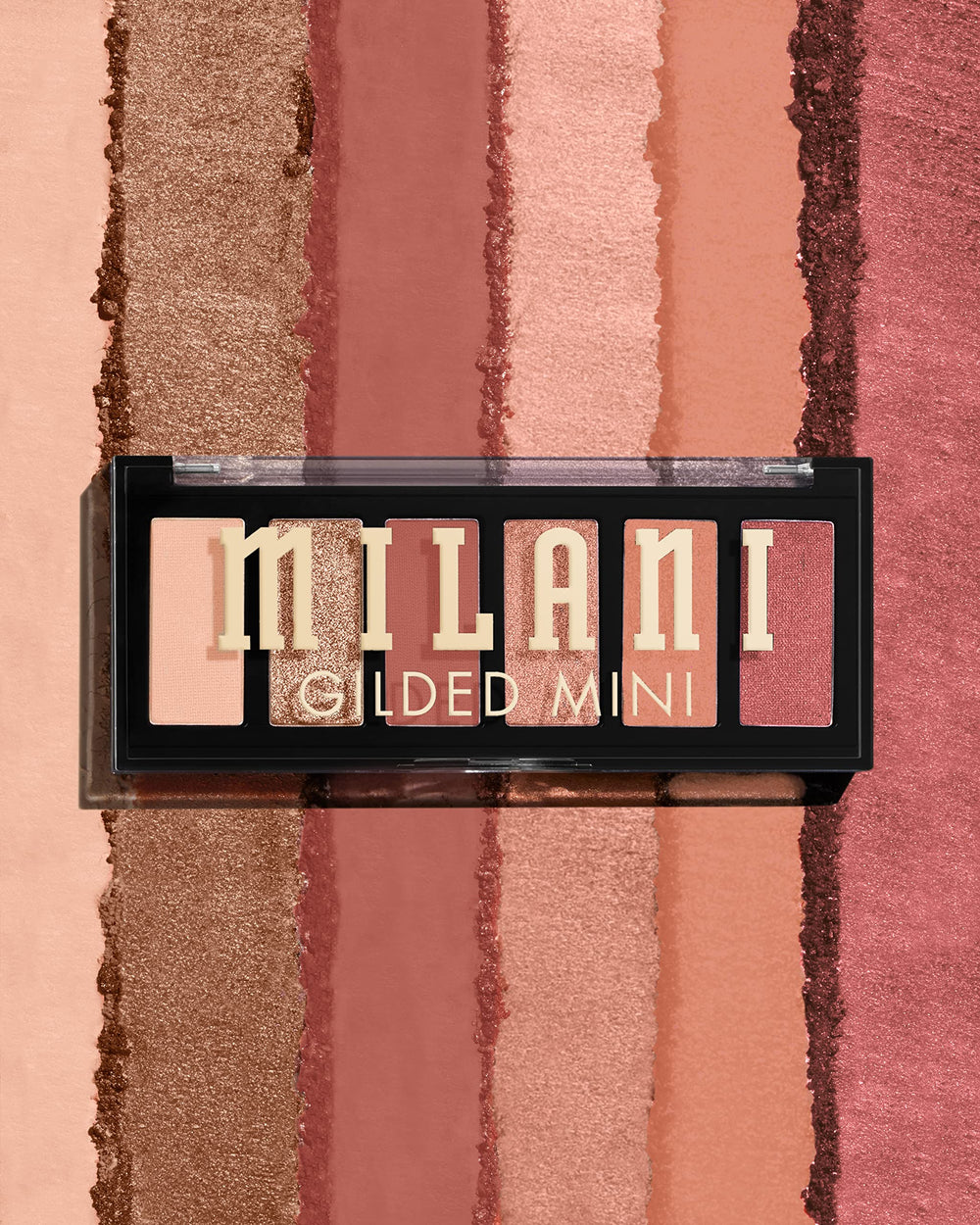 Milani open palette overhead view showing six rose-hued pans, organized color coordination benefit
