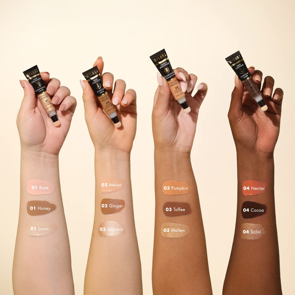 Milani contour with Liquid Highlighter showing coordinated glow-building benefits
