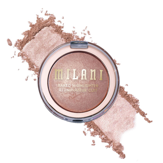 Milani compact front view showing Rosa Italiana highlighter glow benefit